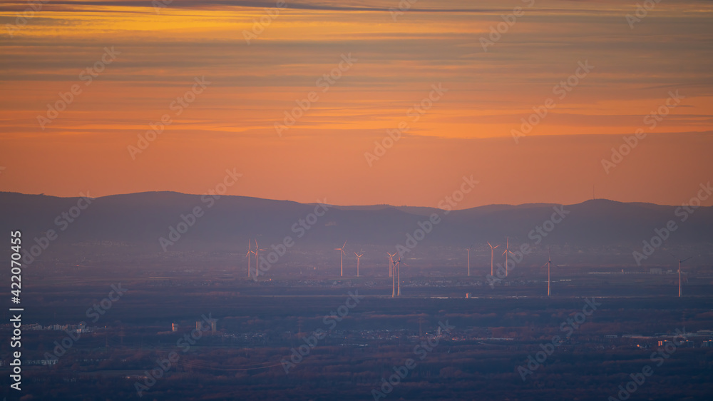 Wind farm in the colourful light of the evening sun