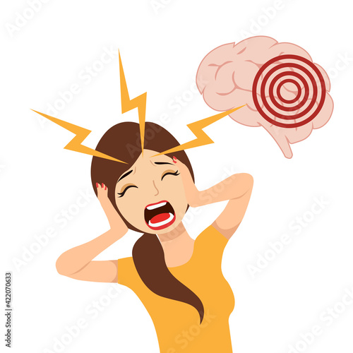 A woman who has a headache, a migraine, hurts by pressing her hands to her head. Health and pain.Brain, anxiety, face, headache, health problems. Vector illustration