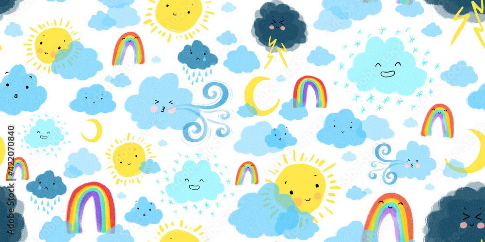 Seamless repeat pattern, Cute weather symbols, for baby, kids and children, nursery, fun kawaii clouds sun and rainbows. Hand drawn, illustration. Seamless repeat pattern, Cute weather symbols, for baby, kids and children, nursery, fun kawaii clouds sun and rainbows. Hand drawn, illustration.