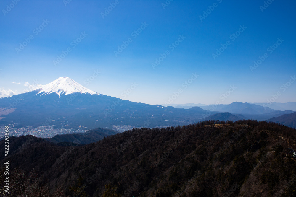 Spectacular and Beautiful Mt.Fuji covered with snow and Mt.Mitsutoge