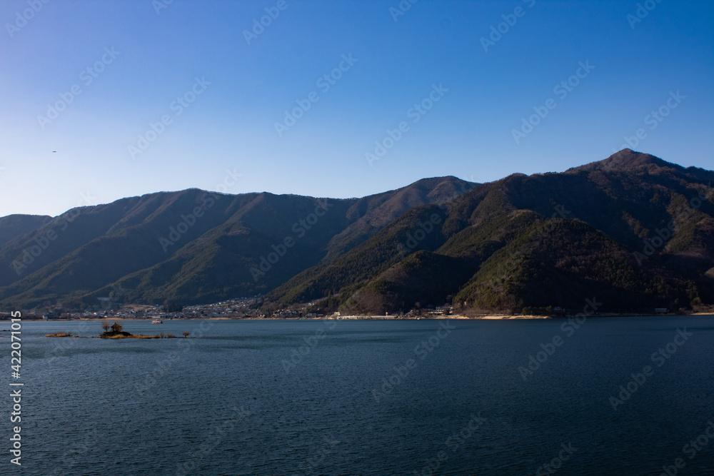 Lake kawaguchi and mountains from Lake Kawaguchi Ohashi Bridge