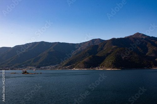 Lake kawaguchi and mountains from Lake Kawaguchi Ohashi Bridge