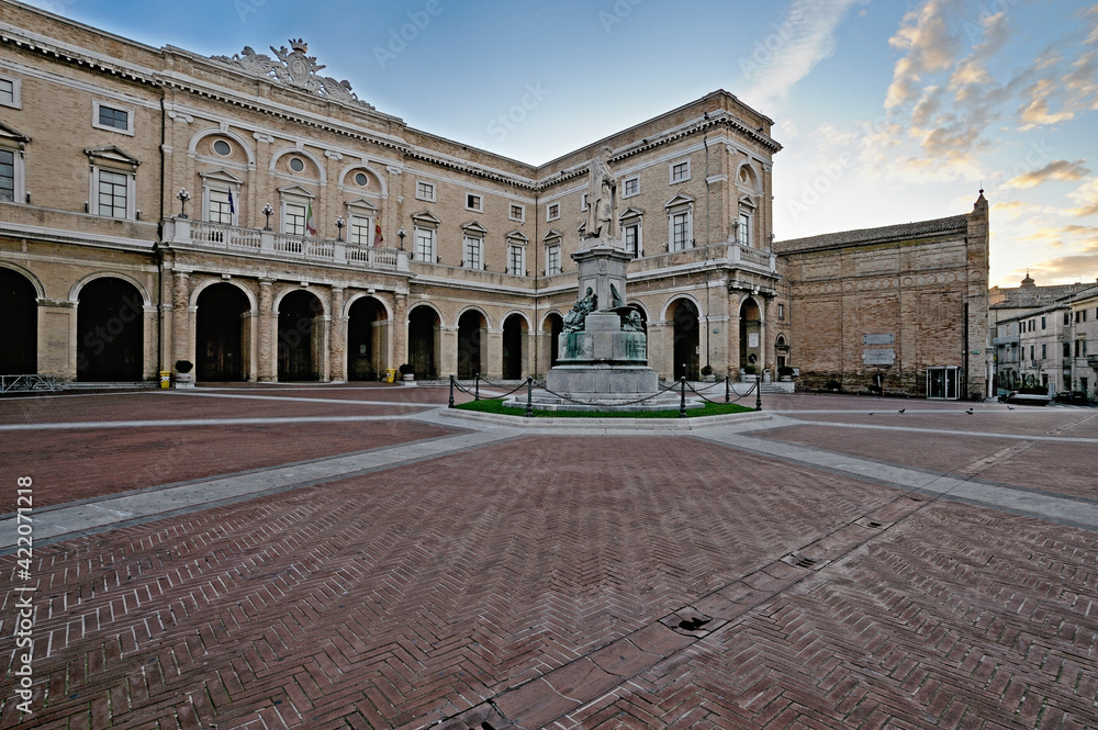 Piazza Leopardi, Recanati, Macerata district, in the foreground the statue of Giacomo Leopardi, in the background the town hall