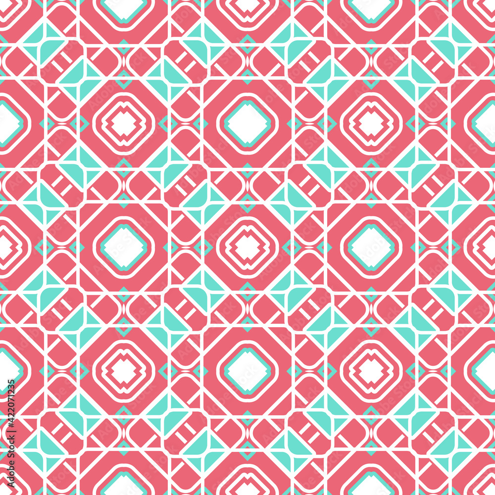 Seamless pattern with geometric ornament of squares and lines in pink and blue colors. Vector illustration