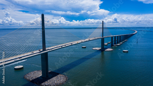 Sunshine Skyway bridge drone view looking south to Manatee county