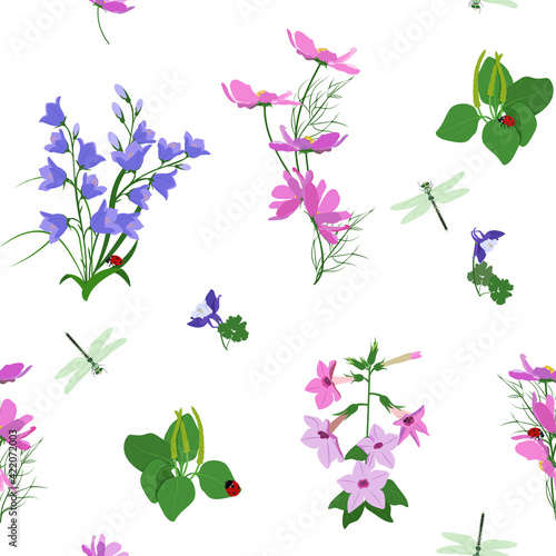 Seamless vector illustration with delicate wildflowers, herbals, dragonflies, ladybirds on a white background.