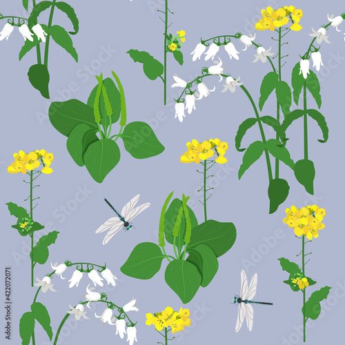 Seamless vector illustration with campanula, plantain, dragonflies on a blue background.
