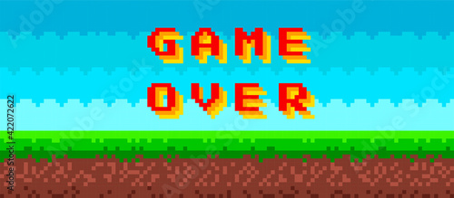 'Game over' text on 8 bit game background. Gaming controller, symbols set. Pixel picture with sky, clouds, ground and grass.