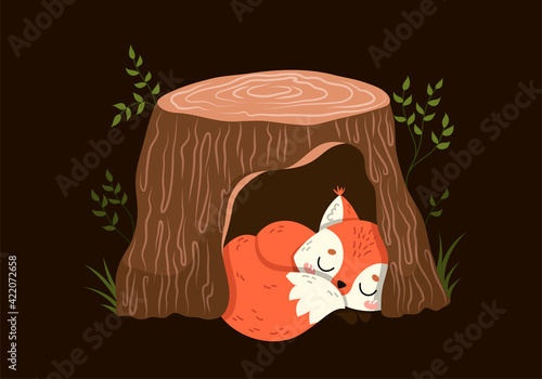 Cute little red fox sleeping in a hollow tree trunk