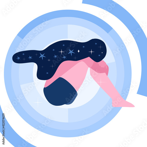Creative fatigue and deadline.Panic attack.Mental health problems.Person is tired,needs psychotherapy support and help. Desperation, anxiety and loneliness.Young woman has mental problems.Vector.