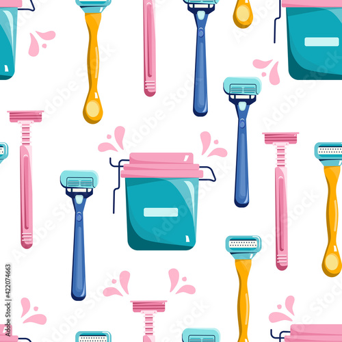 Shaving equipment seamless pattern on white background.Different razors and cream make female legs silky.Hygiene and beauty everyday procedure.Depilation and hair removal. Vector in cartoon style