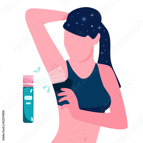 Using deodorant concept.Sweaty armpits illustration.Young woman in sportswear.Unpleasant smell,odor in underarm zone after gym.Wet spot on clothes,skin irritation,Hyperhidrosis.Antiperspirant spray. photo