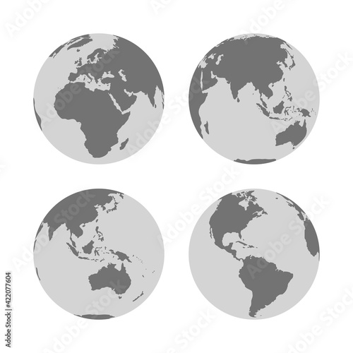 Set of Earth globes with silhouettes on continents. Monochrome Earth planets with land in gray colors. Travel around the world concept vector illustration isolated on white background