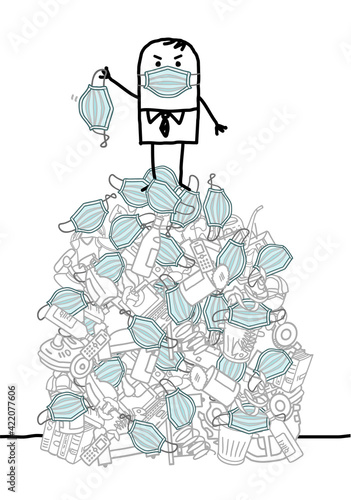 Cartoon man on the top of a big pile of garbage, with disposable Covid Masks