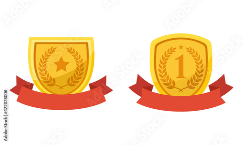 Flat vector illustration of golden shield with red ribbon. Perfect for element design of award prize, achievement label, and best quality symbol.
