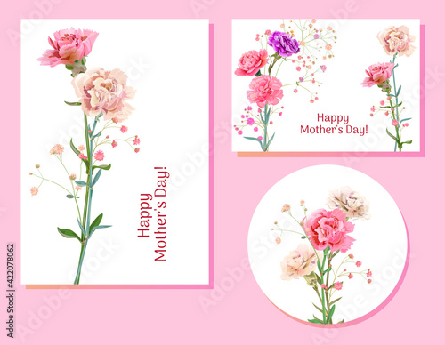 Set of templates for Mother's Day (vertical, horizontal, round): carnation schabaud: red, pink, white flowers, green leaves, white background, hand draw, vintage botanical illustration, vector