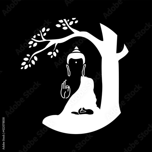 Lord Buddha. Symbol of buddha. Buddha silhouette for spa logo. Vesak day greeting background with Buddha under bodhi tree with leaf. 