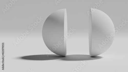 Sphere cut in two halves on a white background. 3D render illustration