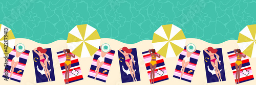 Summer vacation seaside sunbathing banner  background seamless pattern. Hand drawn, relaxed beautiful people on the beach. Sexy girls lying on sand, top view vector
