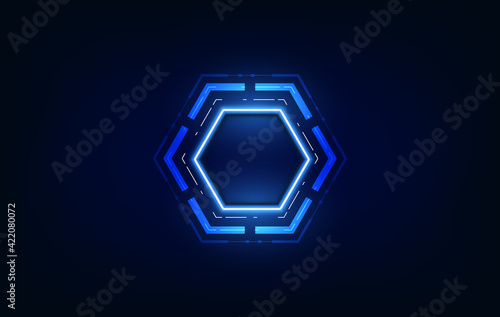 Vector realistic hexagon with neon parts in dark background .Futuristic illustration . Sci fi object , Realistic hexagon , Futuristic glowing HUD hexagonal element .Nano techology