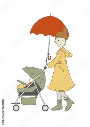 雨の日にベビーカーを押す女性のイラスト