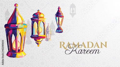 Ramadan Kareem 2021 vector illustration of a lantern Fanus. the Muslim feast of the holy month of Ramadan Kareem. Translation from Arabic: Generous Ramadan