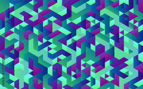 Green and purple geometric wallpaper, isometric shapes background. Simple polygonal background. Mosaic polygons.