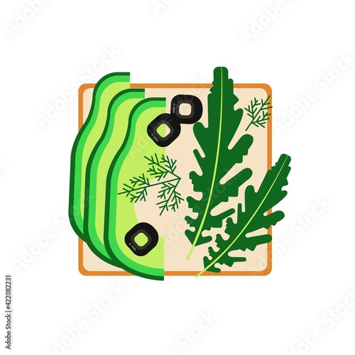 Food, sandwich. Vegetables and herbs, snack. Vector illustration. Eco products, proper nutrition. Healthy breakfast. Template for a menu or banner.