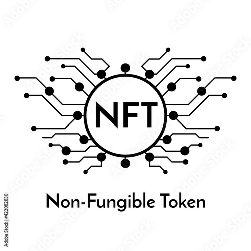 Black micro chip sign with text NFT non fungible token, cryptocurrency banner. Isolated on white.