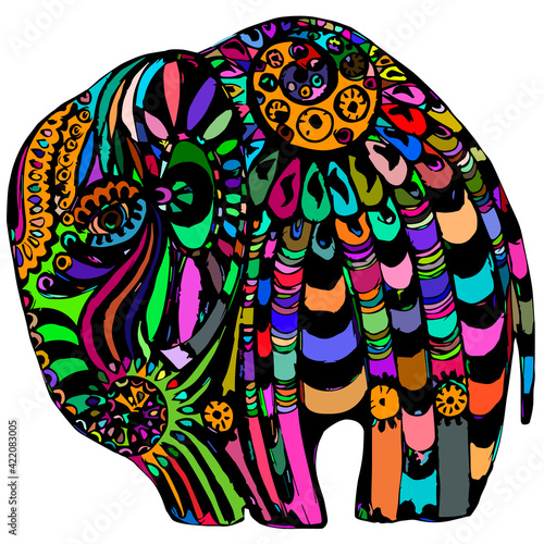 Bright decorative indian elephant in zentangle style.