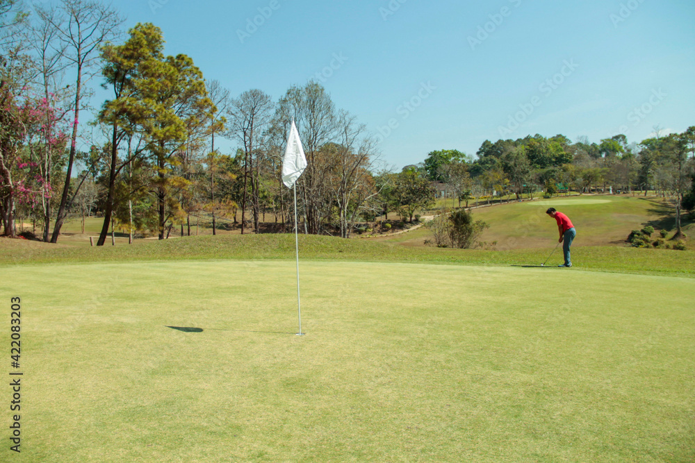 Obraz premium Golfer playing golf in the evening golf course, on sun set evening time. Man playing golf on a golf course in the sun.