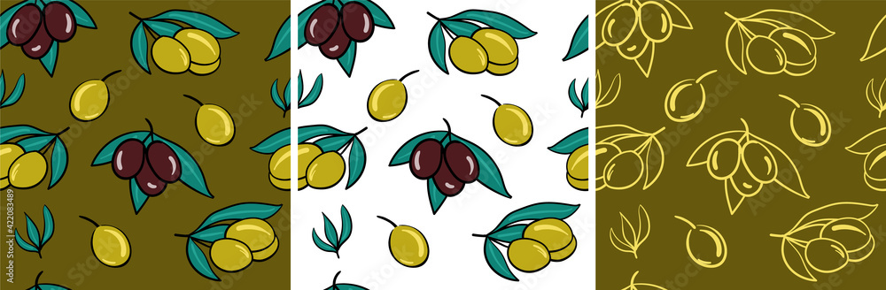 A set of patterns with olives on a green and white background. Hand drawing. A set of patterns with olives on a green and white background. Hand drawing.
