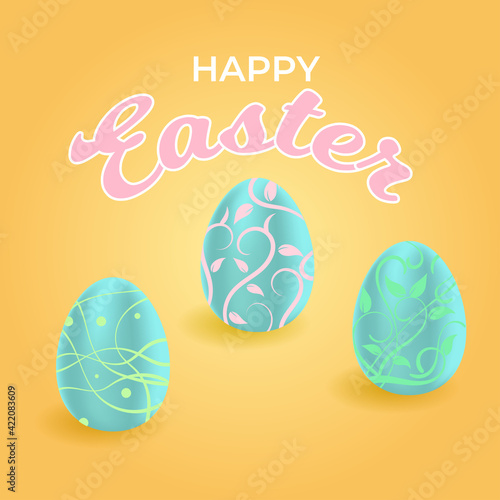 Happy easter day. Realistic egg with ornament. Isolated  yellow background.