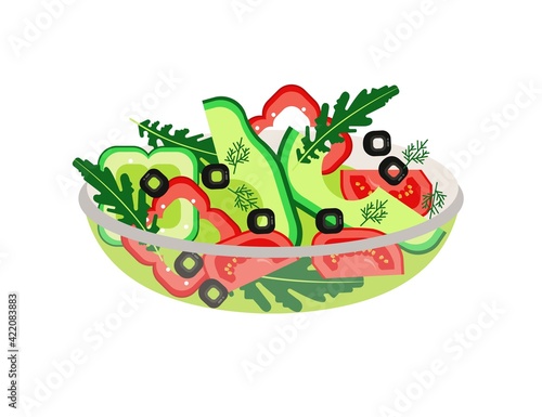 Salad. Fresh vegetables and herbs. Healthy food, eco products. Delicious vegetarian snack. Vector illustration. Proper nutrition. A festive dish.