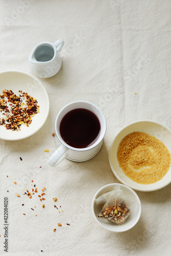 Breakfast with coffee with tea bags top view