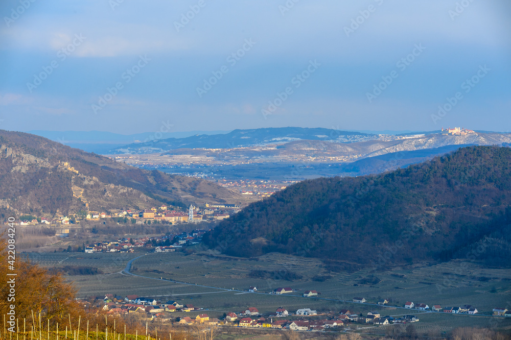 A panorama over the Wachau valley, Dürnstein ruins and Göttweig Abbey in Austria on a sunny day in the early spring