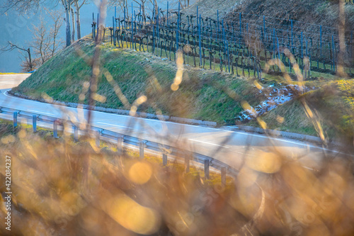 A curved road down the hills in the Austrian Wachau valley from above on a sunny day in the early spring