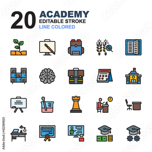 Icon Set of Academy. Line color style icon vector. Contains such of agriculture, class, university, economy, chemistry, class, art, bookshelf and more. You can be used for web, mobile, ui and more.