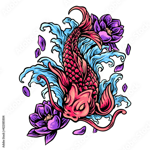 koi fish with lotus flowers illustration