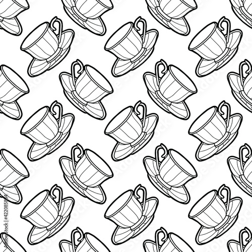 Seamless background with tea cups. Hand-drawing exquisite tableware. Black outline. Coloring page. 