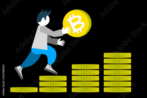 Young man character run with golden symbol of bitcoin, cryptocurrency and blockchain hype