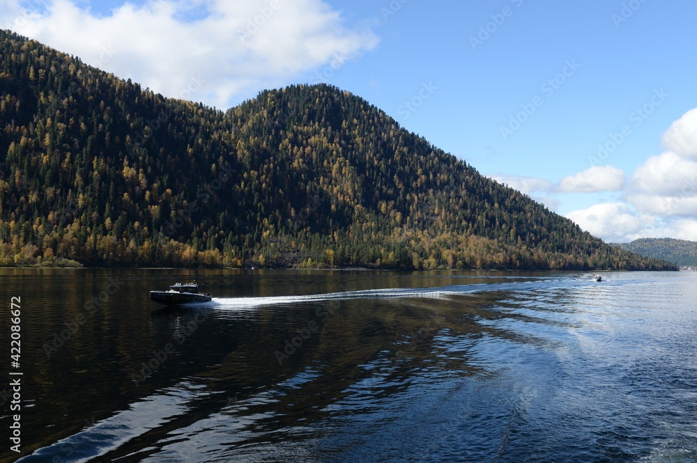 Motor boats on Lake Teletskoye. Altai Republic