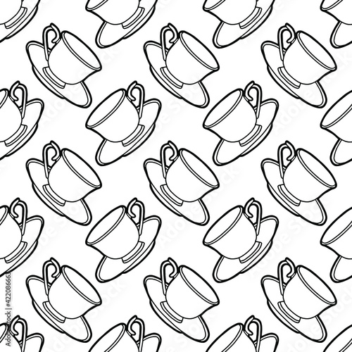 Seamless background with tea cups. Hand-drawing exquisite tableware. Black outline. Coloring page. 