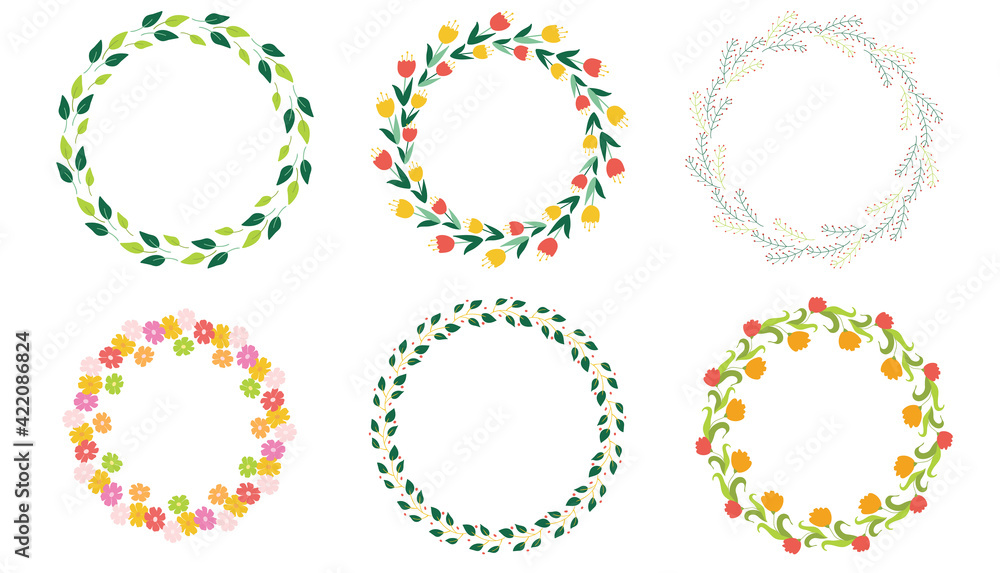 Round frame made of flowers. A set of round simple frames made of flowers and leaves. Round flower wreath. Vector illustration Round frame made of flowers. A set of round simple frames made of flowers and leaves. Round flower wreath. Vector illustration