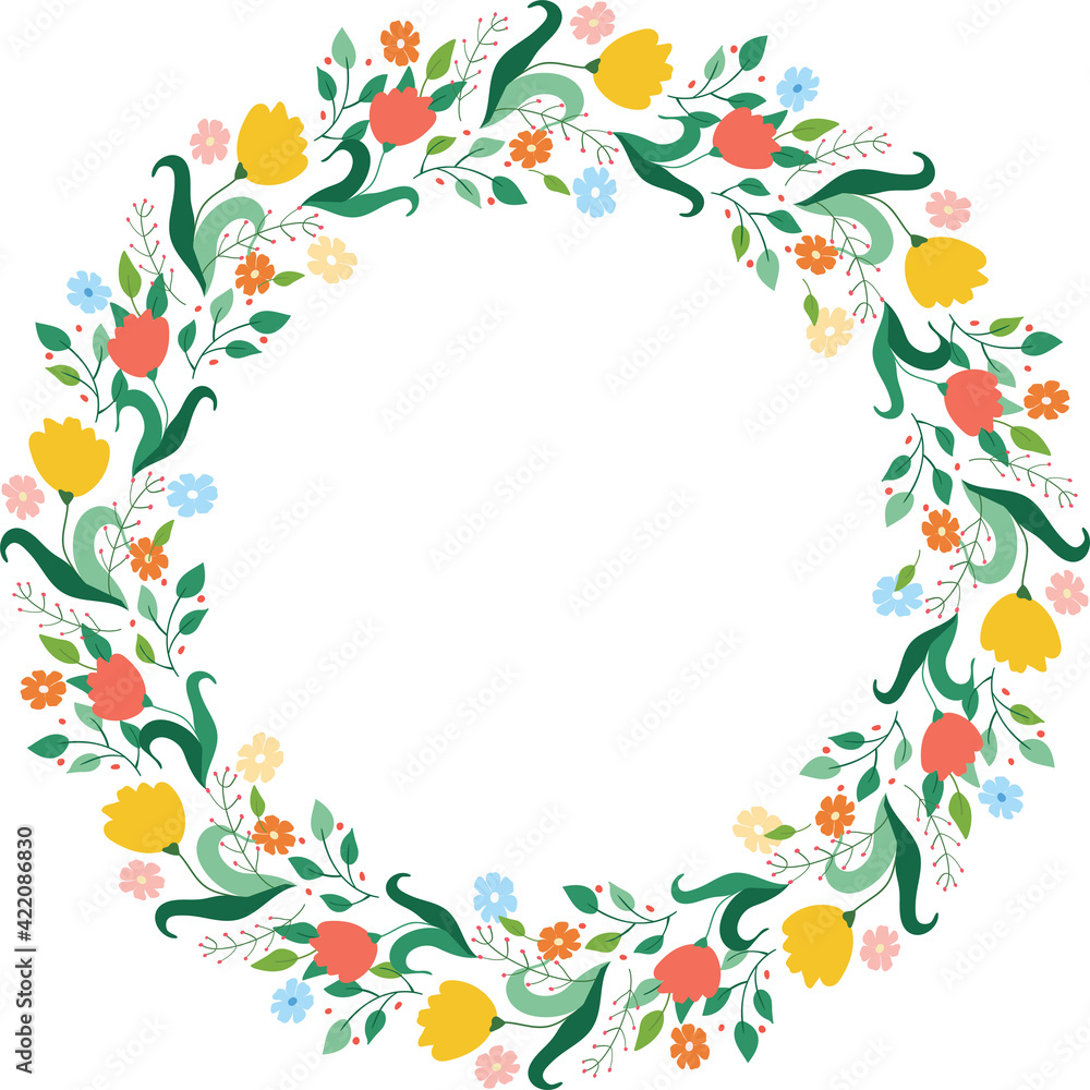 Round frame of flowers and leaves. Round flower wreath. Vector illustration. Greeting card, invitation, poster design element.