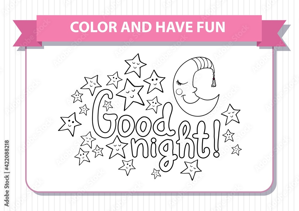 Fototapeta premium Coloring book for children. Printable a4 page. Horizontal landscape orientation. Crescent, stars, good, night