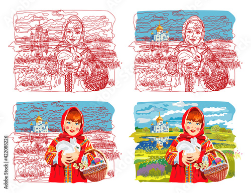 Russian girl in a headscarf and a traditional Russian costume with a rabbit in her hands on the background of a Russian field and a church. The process of creating a vector illustration.