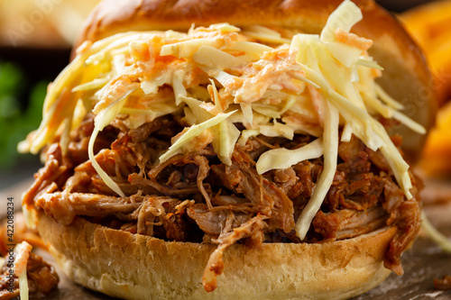 Photos Homemade BBQ Pulled Pork burger with coleslaw, fries and beer