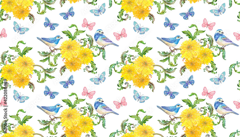 Obraz premium seamless texture with bouquets of yellow chrysanthemum flowers and little blue birds on white background. watercolor painting
