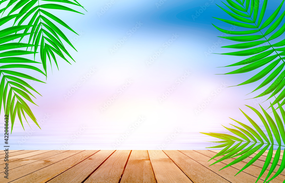Summer empty tropical background with palms and water reflection. Empty wood table top. Neon glow. 3d illustration Summer empty tropical background with palms and water reflection. Empty wood table top. Neon glow. 3d illustration